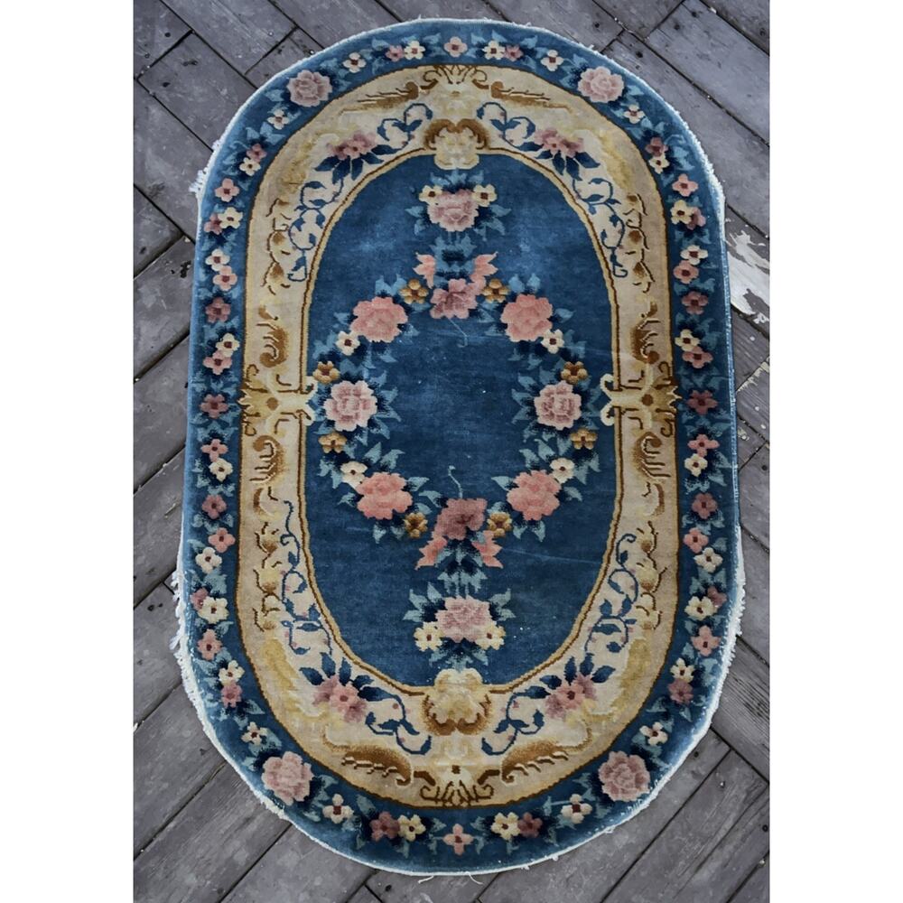 Antique Hand Made Art Deco Oriental Blue Pink Wool Chinese Oval Rug 56” X 35”